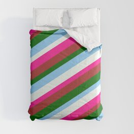 [ Thumbnail: Deep Pink, Brown, Dark Green, Light Sky Blue, and Mint Cream Colored Pattern of Stripes Comforter ]