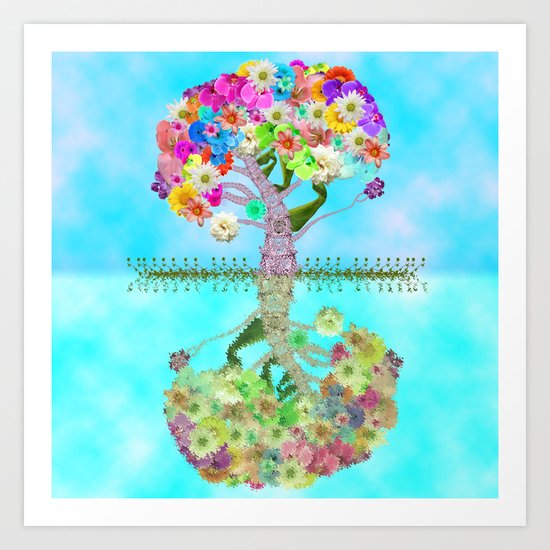 Cute Whimsical Bright Floral Tree Collage Teal Sky Art Print
