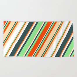 [ Thumbnail: Light Green, Red, Tan, White, and Dark Slate Gray Colored Striped Pattern Beach Towel ]