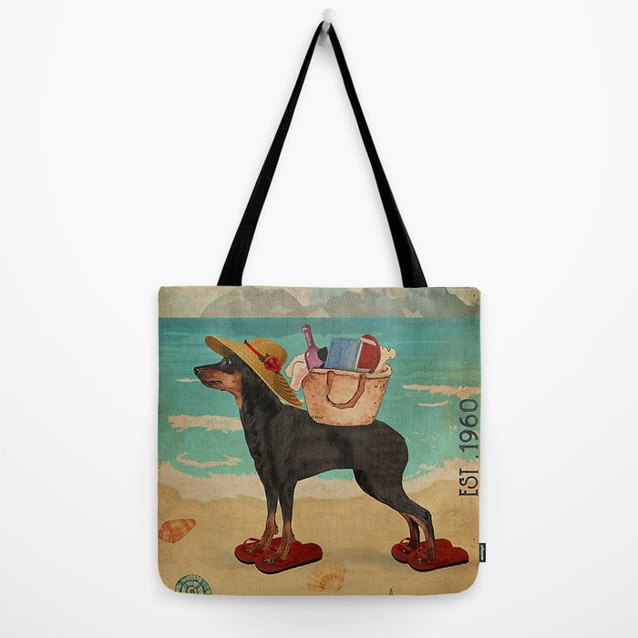 Beach Life Sandy Toes Miniature Pinscher dog Tote Bag by Motelo