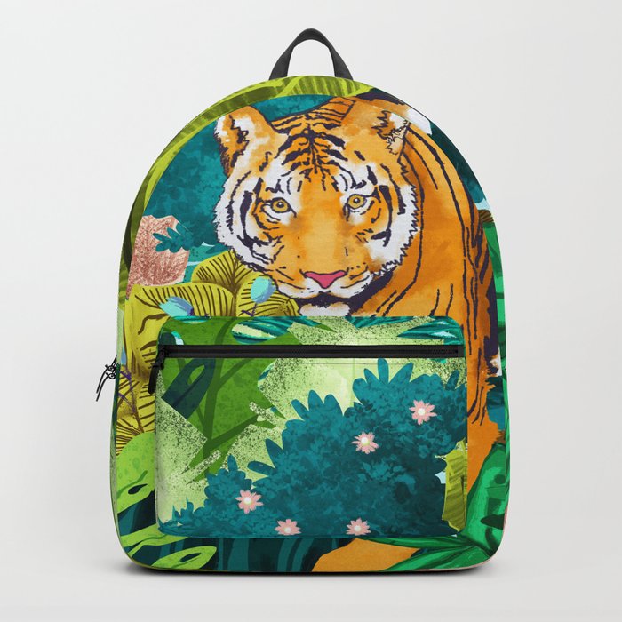 Jungle Tiger | Modern Bohemian Colorful Forest | Tropical Botanical Nature Watercolor Painting Backpack