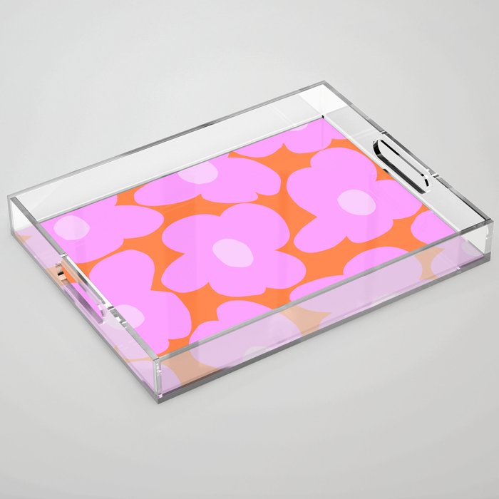 Pastel Pink Retro Flowers Orange Background #decor #society6 #buyart Acrylic Tray