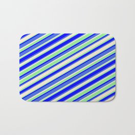 [ Thumbnail: Light Green, Blue, Royal Blue & Beige Colored Striped/Lined Pattern Bath Mat ]