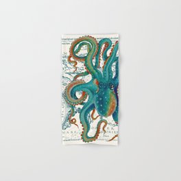 Teal Octopus Vintage Map Watercolor Hand & Bath Towel