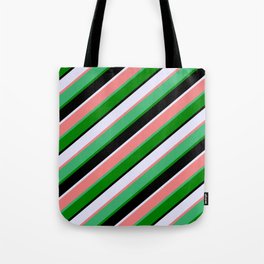 [ Thumbnail: Vibrant Lavender, Light Coral, Sea Green, Green & Black Colored Stripes/Lines Pattern Tote Bag ]
