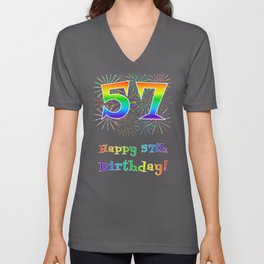 [ Thumbnail: 57th Birthday - Fun Rainbow Spectrum Gradient Pattern Text, Bursting Fireworks Inspired Background V Neck T Shirt V-Neck T-Shirt ]