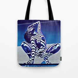 9124s-KMA Powerful Nude Woman Open and Free Striped in Blue Tote Bag