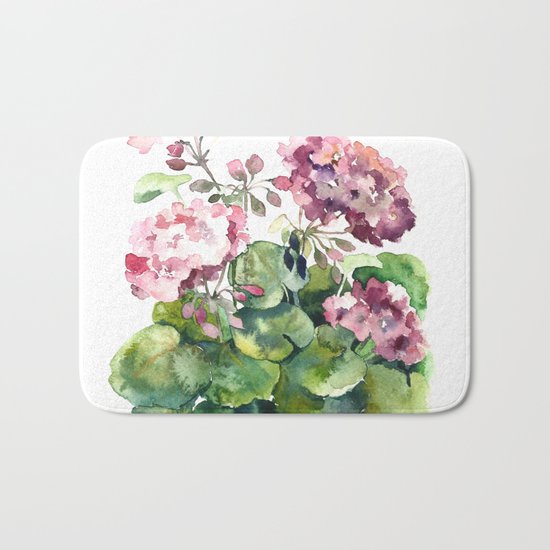 Watercolor pink geranium flowers aquarelle Bath Mat