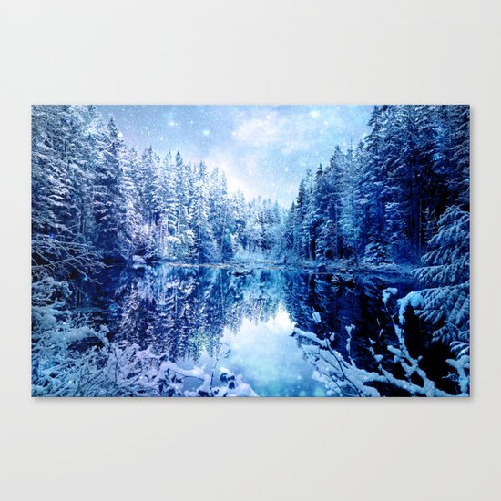 Blue Winter Wonderland : Forest Mirror Lake Canvas Print