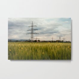 Landscape view of the electric tower over the rapeseed plantation in Germany Metal Print | Spring, Outside, Germany, Transmissiontower, Powertower, Season, Line, Rapeseedplantation, Flatland, Daylight 