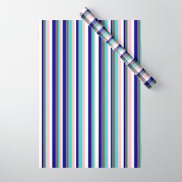 [ Thumbnail: Eye-catching Dark Blue, Dim Gray, Turquoise, Pink, and White Colored Lined/Striped Pattern Wrapping Paper ]