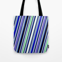 [ Thumbnail: Mint Cream, Slate Blue, Green, Blue, and Black Colored Pattern of Stripes Tote Bag ]