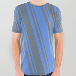 [ Thumbnail: Cornflower Blue and Slate Gray Colored Lines/Stripes Pattern All Over Graphic Tee ]