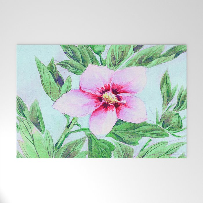 Remix Japanese Woodblock Painting of  Hibiscus Plant  by Megata Morikaga Welcome Mat