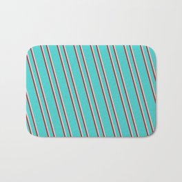 [ Thumbnail: Turquoise, Light Grey & Red Colored Lines/Stripes Pattern Bath Mat ]