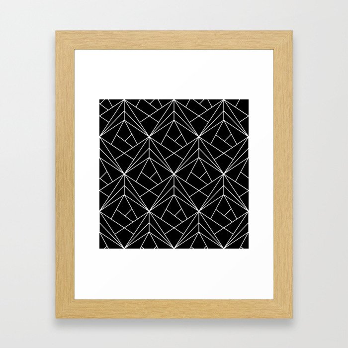White Geometric Pattern on Black Background Framed Art Print