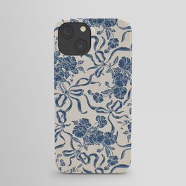 Chic Modern Vintage Ivory Navy Blue Floral Pattern iPhone Case