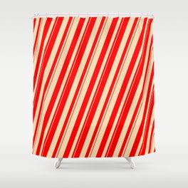 [ Thumbnail: Tan and Red Colored Lines Pattern Shower Curtain ]