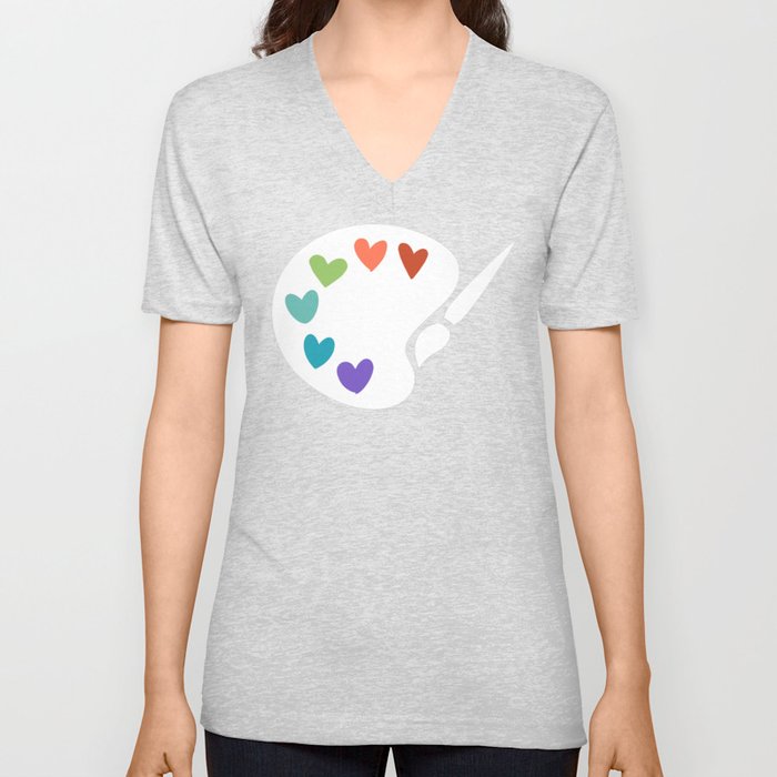 Paint Palette Hearts- White on Black V Neck T Shirt