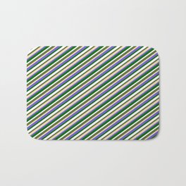 [ Thumbnail: Colorful Dark Olive Green, Tan, Slate Blue, Dark Green, and White Colored Lines/Stripes Pattern Bath Mat ]