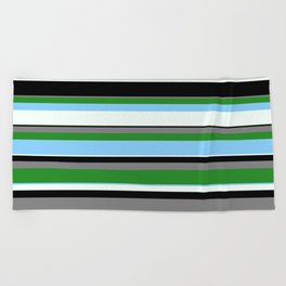 [ Thumbnail: Gray, Forest Green, Light Sky Blue, Mint Cream & Black Colored Lines/Stripes Pattern Beach Towel ]