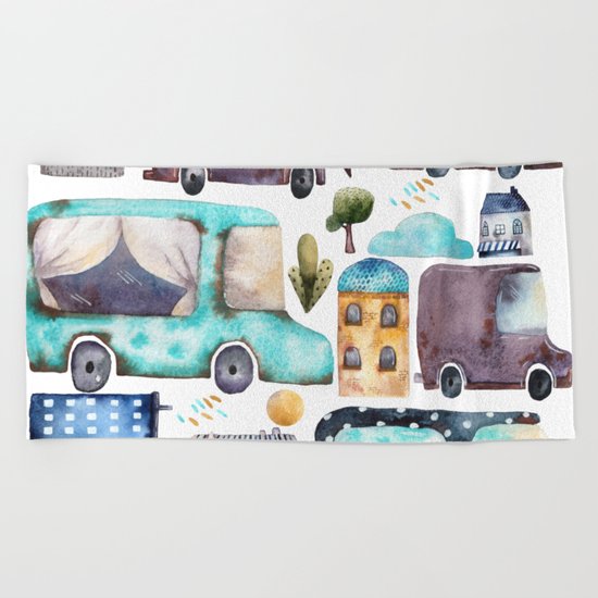 Watercolor town Beach Towel