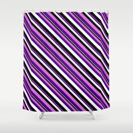 [ Thumbnail: Orchid, Indigo, White, and Black Colored Stripes/Lines Pattern Shower Curtain ]