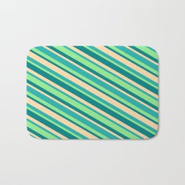 [ Thumbnail: Light Sea Green, Light Green, Teal, and Tan Colored Lines/Stripes Pattern Bath Mat ]