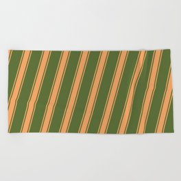 [ Thumbnail: Dark Olive Green & Brown Colored Stripes/Lines Pattern Beach Towel ]