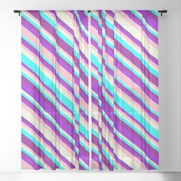[ Thumbnail: Dark Violet, Light Pink, Beige, Cyan, and Purple Colored Lines Pattern Sheer Curtain ]
