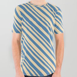 [ Thumbnail: Beige & Blue Colored Lined/Striped Pattern All Over Graphic Tee ]