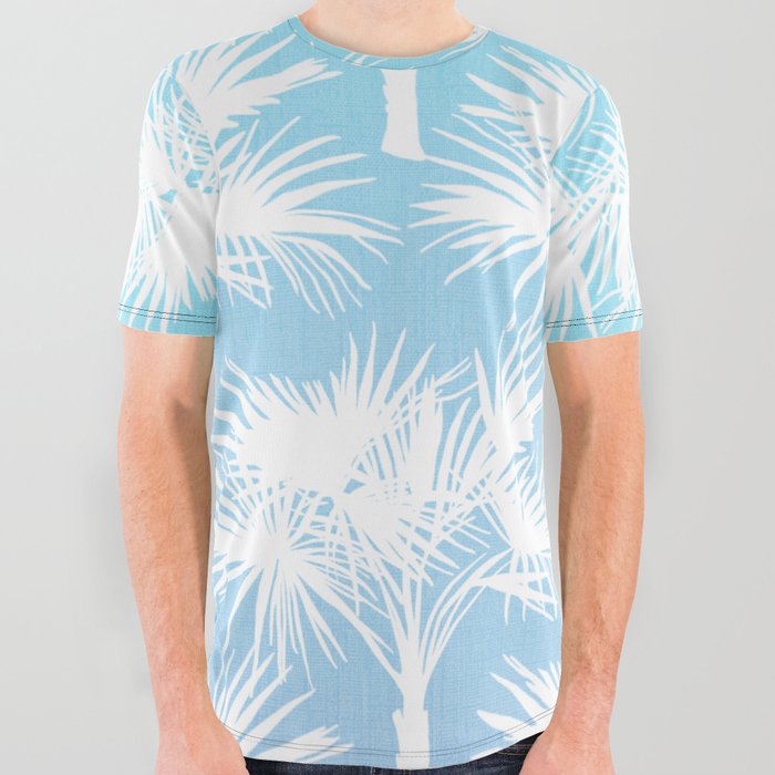 70’s Sky Blue Ombre Tropical Palm Trees Summer California Florida Botanical Silhouette Pattern All Over Graphic Tee