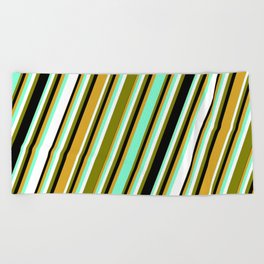 [ Thumbnail: Aquamarine, White, Green, Black, and Goldenrod Colored Pattern of Stripes Beach Towel ]