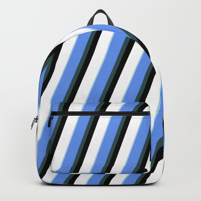 Eyecatching Cornflower Blue, Dark Slate Gray, Black, White, and Light Blue Colored Striped Pattern Backpack