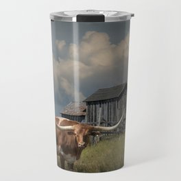 Longhorn Steer in a Prairie pasture by 1880 Town with Windmill and Old Gray Wooden Barn Travel Mug