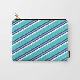 [ Thumbnail: Turquoise, Dark Slate Blue & White Colored Striped Pattern Carry-All Pouch ]