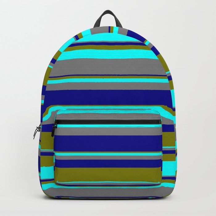 Green, Cyan, Grey, and Dark Blue Colored Striped Pattern Backpack