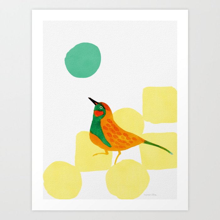 Hopping Bird - Orange and Yellow and Green Art Print