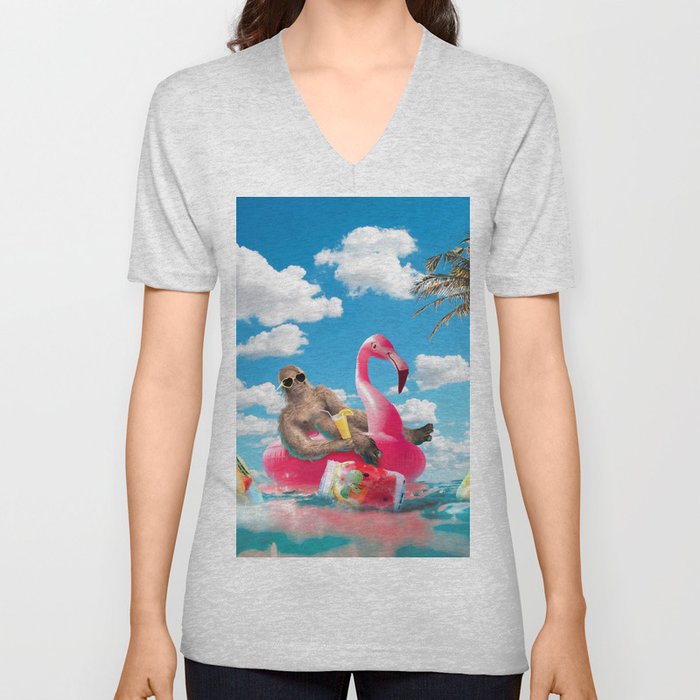 Bigfoot On Flamingo Floatie V Neck T Shirt