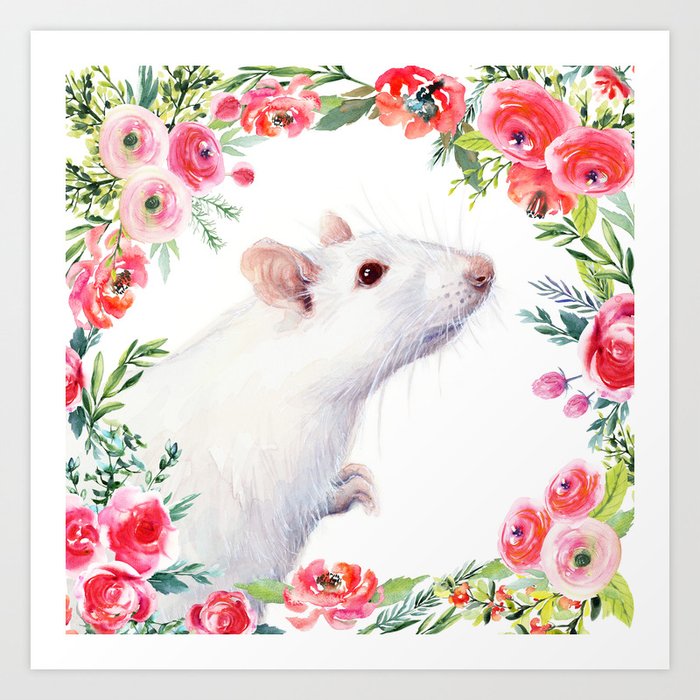 White Rat with Flowers Watercolor Floral Pattern Animal Art Print