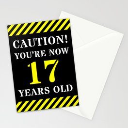 [ Thumbnail: 17th Birthday - Warning Stripes and Stencil Style Text Stationery Cards ]