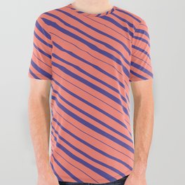 [ Thumbnail: Salmon and Dark Slate Blue Colored Lined/Striped Pattern All Over Graphic Tee ]