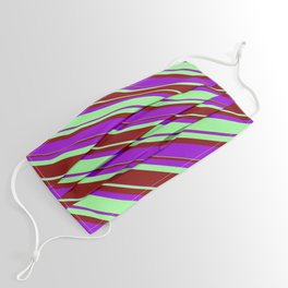 [ Thumbnail: Green, Maroon, and Dark Violet Colored Lined/Striped Pattern Face Mask ]