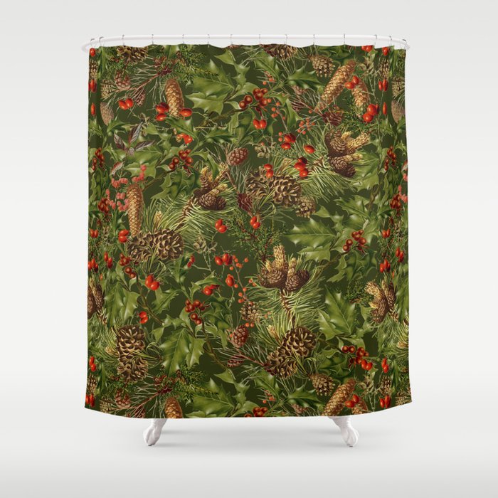 Traditional Holly Christmas Pattern Shower Curtain