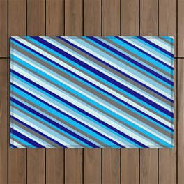 [ Thumbnail: Vibrant Dim Gray, Sky Blue, Light Cyan, Blue & Deep Sky Blue Colored Lined/Striped Pattern Outdoor Rug ]