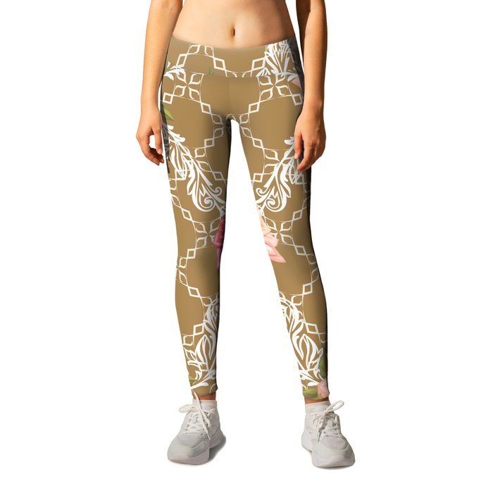 Vintage Roses and Lattice Lace on Gold Brown Leggings