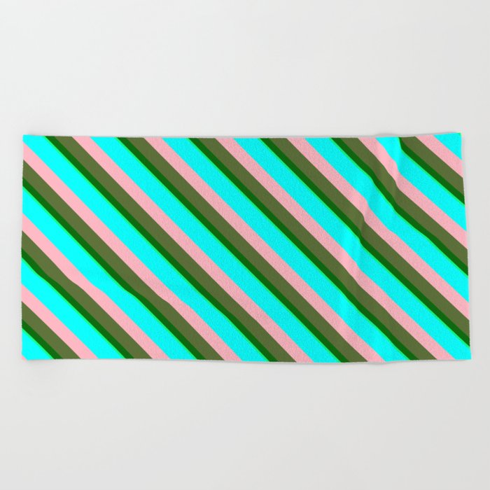 Eye-catching Aqua, Light Pink, Dark Olive Green, Dark Green & Green Colored Stripes/Lines Pattern Beach Towel