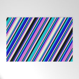 [ Thumbnail: Eye-catching Dark Turquoise, Blue, Orchid, Beige, and Black Colored Stripes Pattern Welcome Mat ]