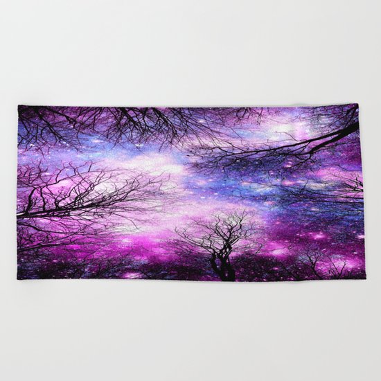 Black Trees Purple Fuchsia Blue Space Beach Towel