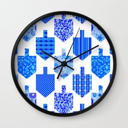 Decorative Dreidels - White Wall Clock | Mod, Comtemporary, Digital, Judaism, Stufandnonsense, Chanukkah, Judaica, Blueandwhite, Pattern, Dreidel 
